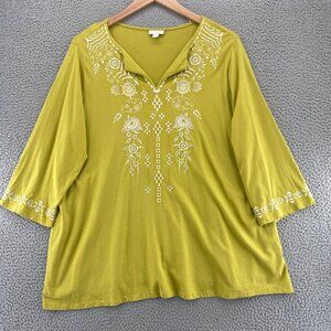 J Jill Top Womens Extra Large Green Embroidered Floral Long Sleeve Tunic Stretch